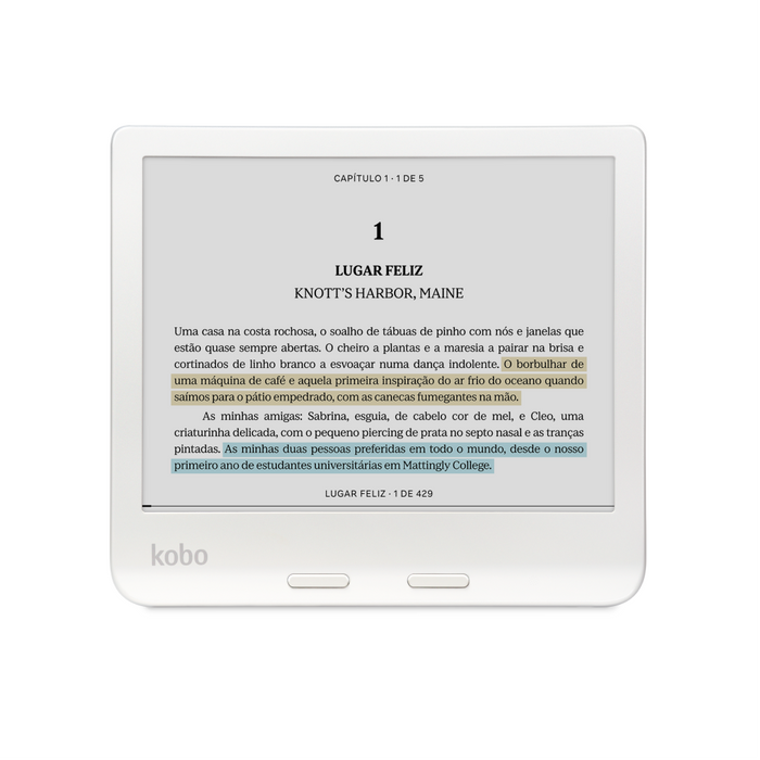 Kobo Libra Colour branco, vista frontal no modo paisagem.