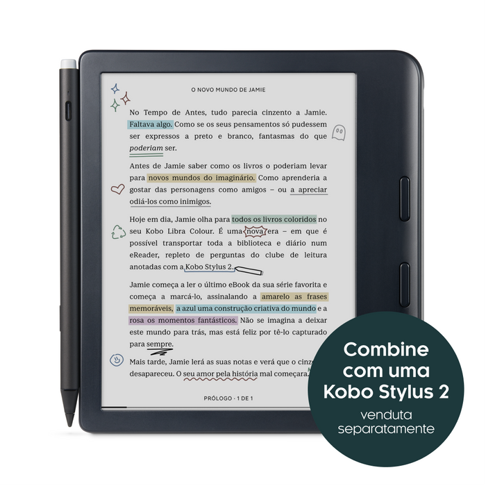 Kobo Libra Colour preto, vista frontal, emparelhado com a Kobo Stylus 2 preta, vendida separadamente.