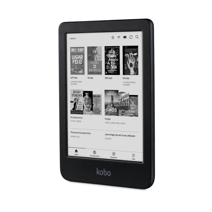 Kobo Clara BW preto, vista frontal angular.