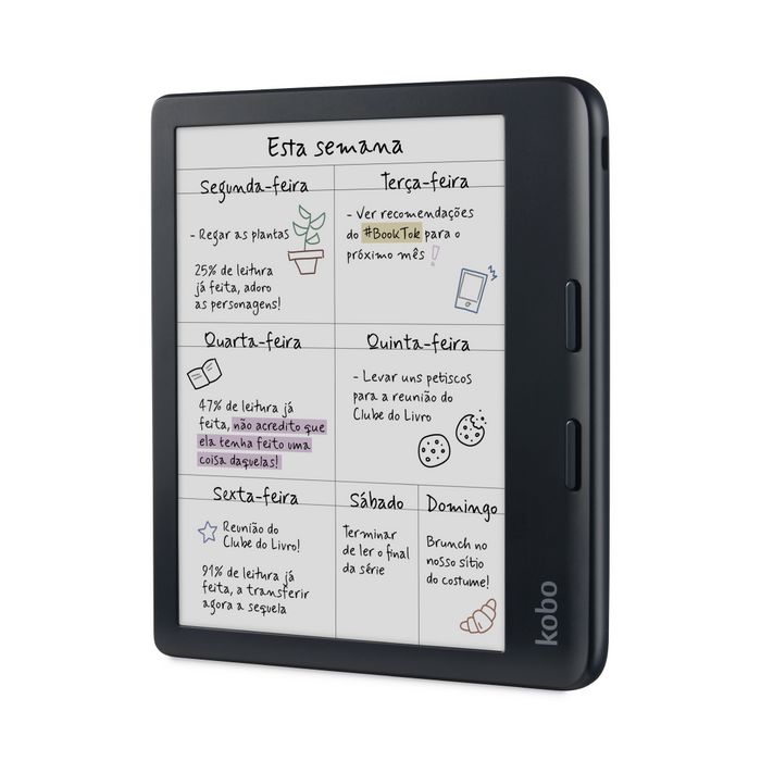 Kobo Libra Colour preto, vista frontal angular.