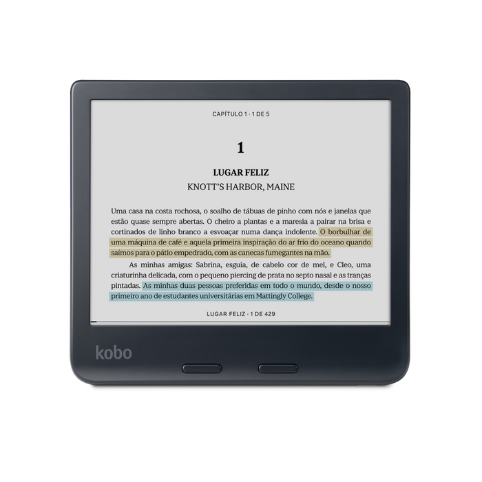 Kobo Libra Colour preto, vista frontal no modo paisagem.