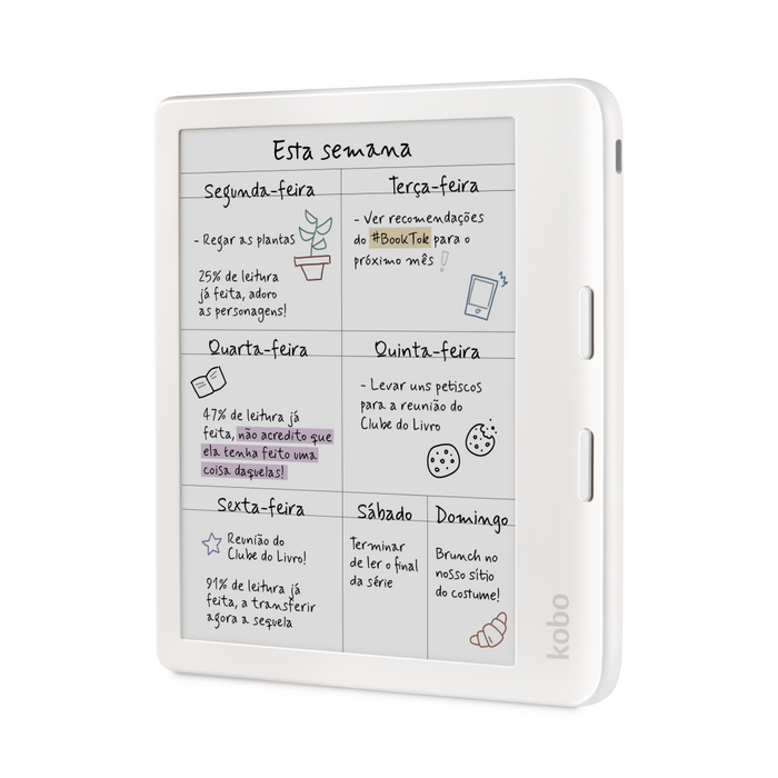 Kobo Libra Colour branco, vista frontal angular.