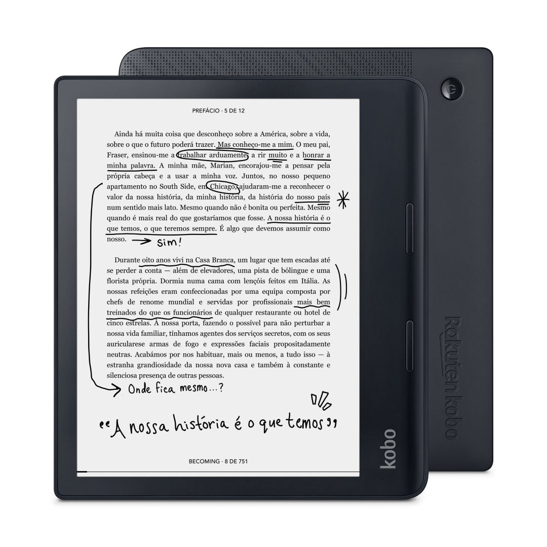 Kobo Sage preto, vista frontal e vista traseira.