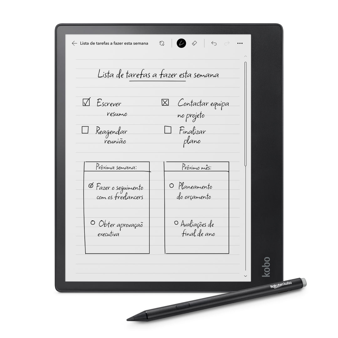 Kobo Elipsa 2E preto, vista frontal com a Kobo Stylus 2 preta.