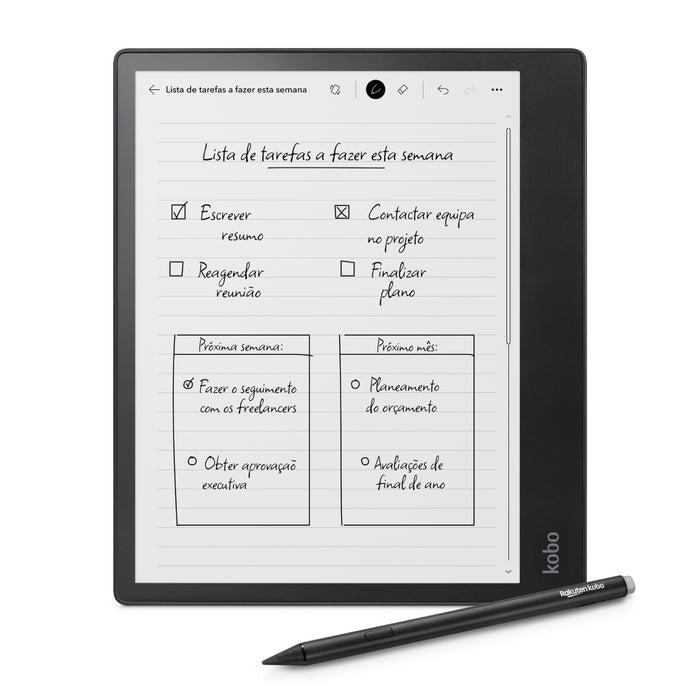 Kobo Elipsa 2E preto, vista frontal com a Kobo Stylus 2 preta.