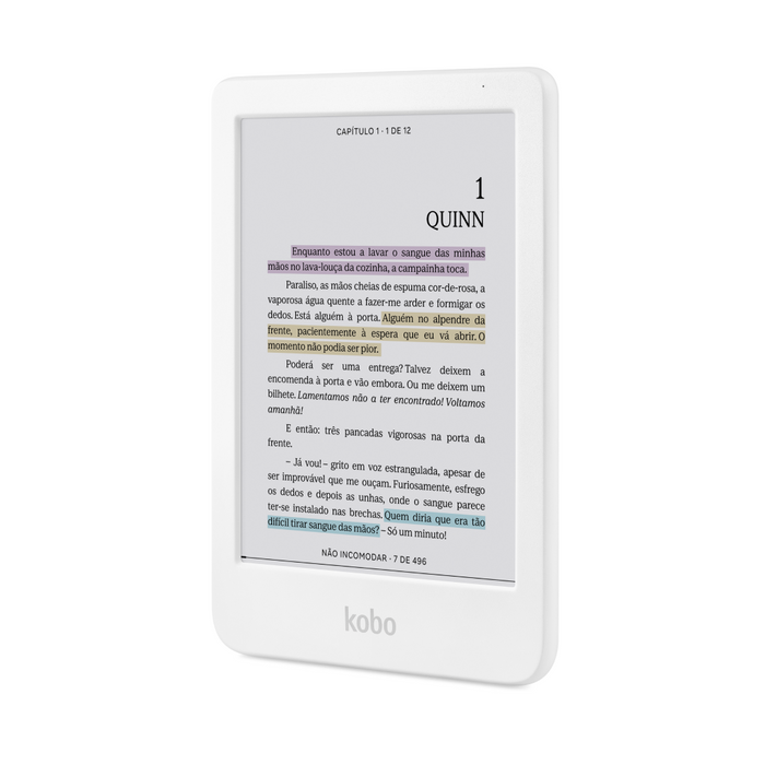 Kobo Clara Colour branco, vista frontal angulada.