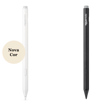 Uma imagem das versões preta e da nova versão branca da Kobo Stylus 2, mostrando a borracha embutida, o botão de marcador e a ponta de escrita suave.