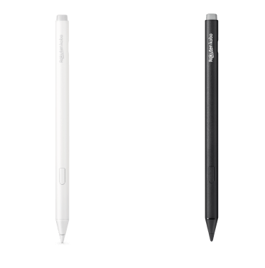 Uma imagem das versões preta e da nova versão branca da Kobo Stylus 2, mostrando a borracha embutida, o botão de marcador e a ponta de escrita suave.