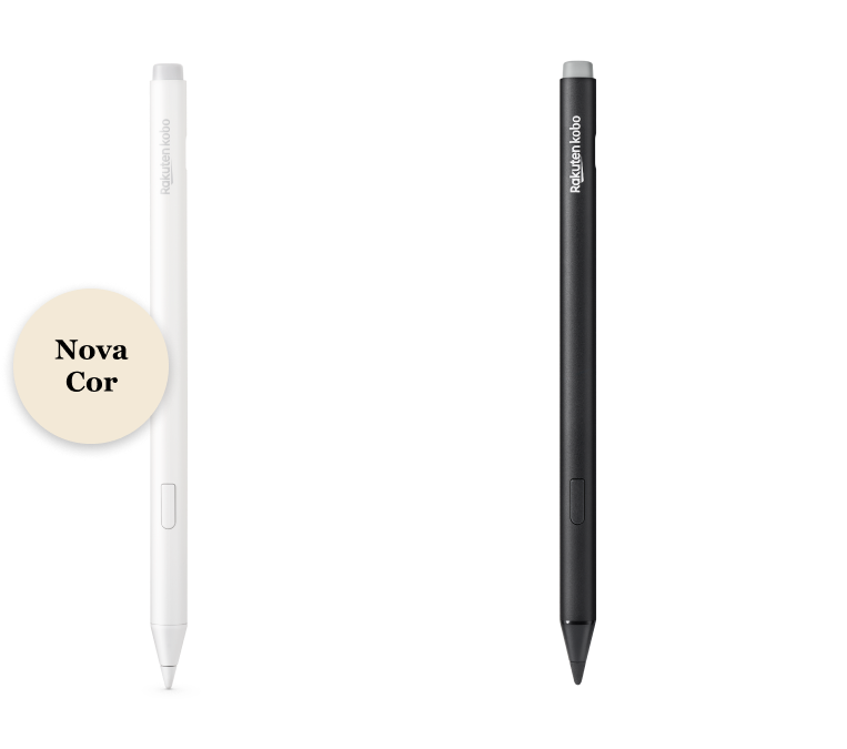 Uma imagem das versões preta e da nova versão branca da Kobo Stylus 2, mostrando a borracha embutida, o botão de marcador e a ponta de escrita suave.