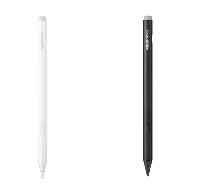 Uma imagem das versões preta e da nova versão branca da Kobo Stylus 2, mostrando a borracha embutida, o botão de marcador e a ponta de escrita suave.